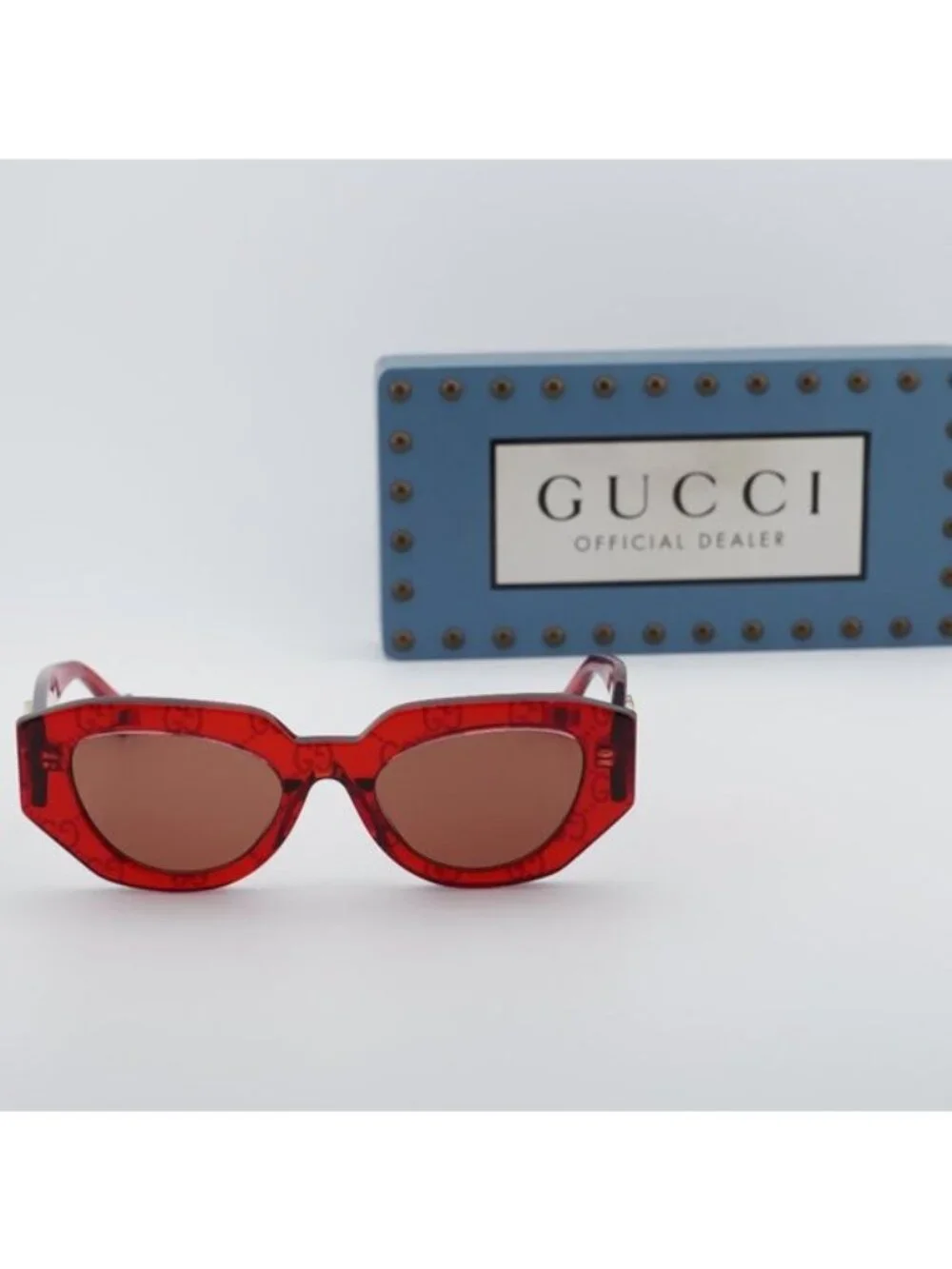 Gucci GG1421S 006 Geometric Sunglasses - Transparent Red with GG Pattern/Brown